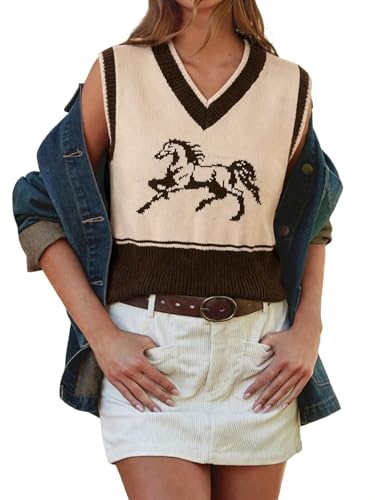SOLY HUX Womens Horse Graphic Sweater Vest V Neck Sleeveless Knit Casual Tank Tops Apricot Horse Small