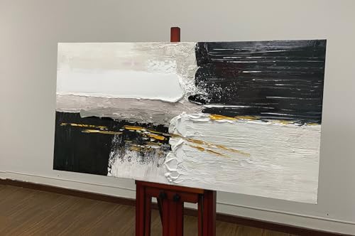 Boiee Art,24x48Inch Hand Painted Abstract Acrylic Wall Art Textured Black Yellow Beige Minimalist Oil Painting Contemporary Wrapped Canvas Artwork for Bedroom
