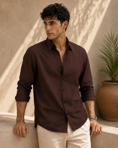 Image of Zilcon Men's Solid Coffee Brown Casual Cotton Blend Shirt