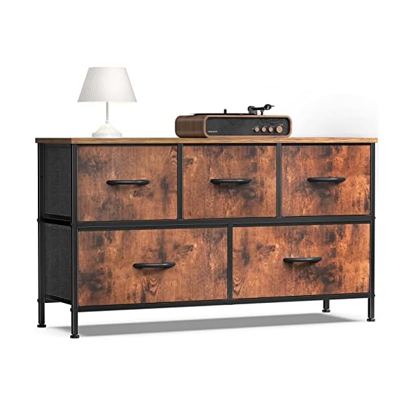 Dresser, Dresser for Bedroom, Drawer Dresser Organizer Storage Drawers Fabric Dresser with 5 Drawers, Chest of Drawers with Fabric Bins, Long Dresser with Wood Top for Bedroom, Closet, Entryway