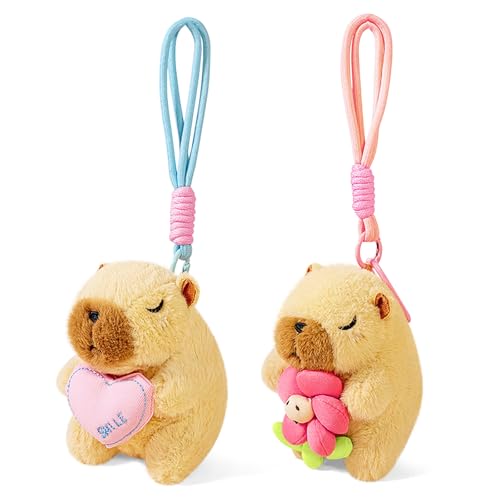 Ditucu 2 Pcs Capybara Plush Keychain Toys Cute Flower Heart Capibara Stuffed Animals Valentine's Day Gifts Dolls Pendant for Backpack Decoration for Kids Dark Brown