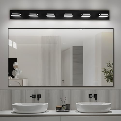 Image of LED Modern Bathroom Light Fixtures, 6-Light 48-Inch Matte Black Vanity Lights for Bathroom Lighting Fixtures Over Mirror, 6000K Cool White 350 Rotatable Wall Lamp