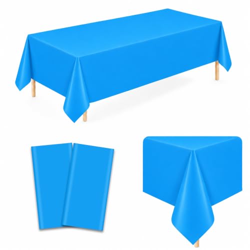 Image of WNINK 2 Pack Sky Blue Plastic Tablecloths, 54 x 108 Inch Disposable Covers | Ideal for Baby Showers, Birthdays, Gender Reveals and Pool Parties, Protect Tabletops from Spills and Simplify Cleanup