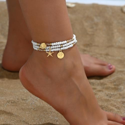 Image of Ankle Bracelets for Women Waterproof Beach Jewelry for Women Elastic Beaded Anklets Boho Seashell Pearl Starfish Anklets for Women Foot Jewelry