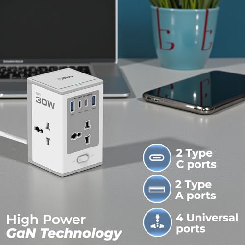 Image of Embox 8-in-1 Gan Charger 30W Fast Charger | Type C USB 4 AC Sockets (2500W) Fast Charging | Multi-Port Desktop Charger for Laptop, iPhone, Android, Portable Charging Station, 2 Meter