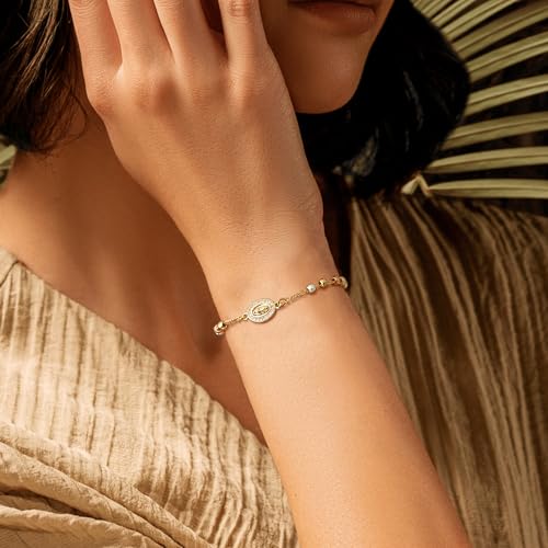 Women's Gold Virgin Mary Bracelet - 14k Gold Plated Rosary Beads Cross Bracelets,Hypoallergenic Non Tarnish Religious Rosarios Catolicos Virgen de Guadalupe Jewelry,Catholic Baptism Gifts for Her3