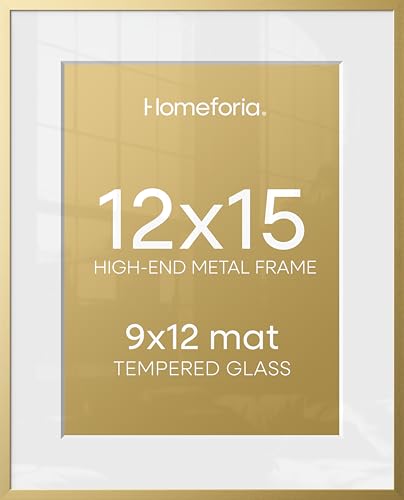 Image of Homeforia 12x15 Picture Frame Gold, High End Metal 12x15 Poster Frames with Mat 9x12 for Photo, 12 x 15 Gold Frame Matted to 9 by 12 Print, 15x12 Thin Hanging Frame, Tempered Glass, Wall Kit, Set of 1