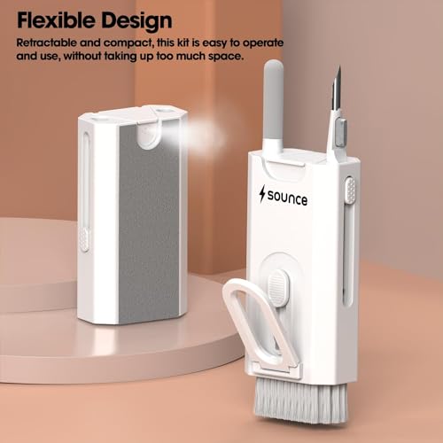 Sounce 8 in 1 Laptop Screen Cleaner, Cleaning kit for Mobile, iPhone, Airpods, Earbuds, Keyboard, Multifunctional Tool Gadget with 250Ml Cleaning Liquid Spray - White