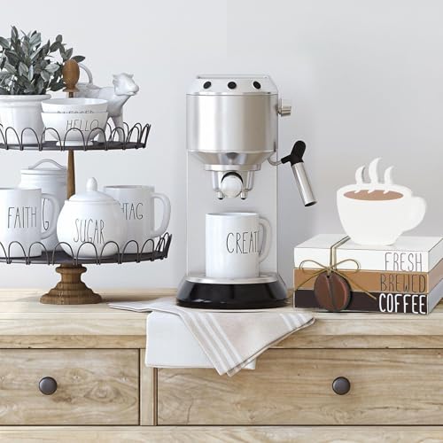 Yookeer 4 Pcs Coffee Bar Decor Accessories Coffee Signs Mini Wooden Book Stacks Cafe Shop Decoration for Tiered Tray Table Shelf Rustic Farmhouse Home Decor