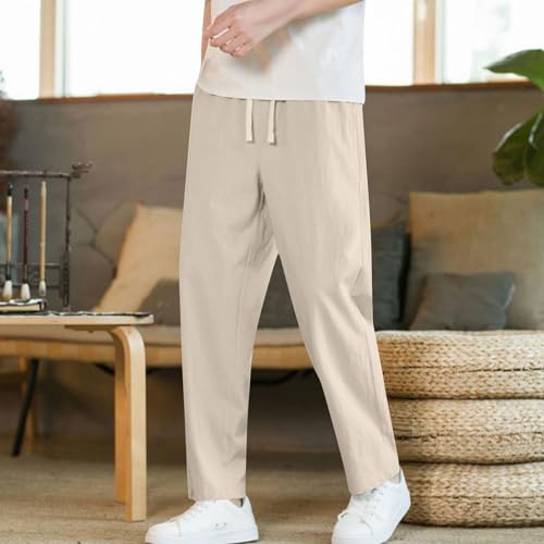 Drawstring Trousers for Men Pockets Elastic Waist Solid Color Pants Breathable Loose Fit Leisure Long Trousers2