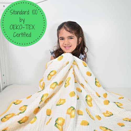 Image of LollyBanks Muslin Baby Quilt, 100% Cotton Baby Blanket for Boys and Girls, Large 47 x 47 Inches Versatile Crib Blanket, 6 Layers Newborn Blanket, Durable Baby Bedding, Registry (Sunny Lemon Print)