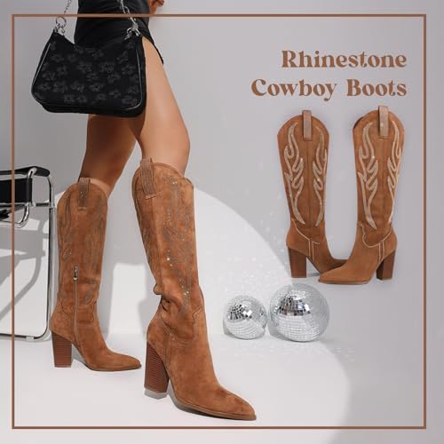 Celbreez Cowboy Boots for Women Cowgirl Boots Women Suede Knee High Boots Rhinestones Embroidered Western Boots Pointed Toe Chunky Heel Side Zip Festival Country Concert Shoes - Image 8