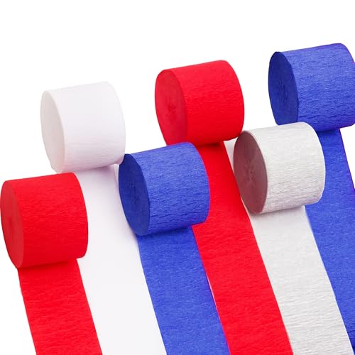 Suaxova Crepe Paper Streamers 6 Rolls 492ft Pack of Red Blue White Party Streamers for USA Decorations American Party Decorations 4th of July Decorations (1.8 Inch x 82 Ft/Roll)