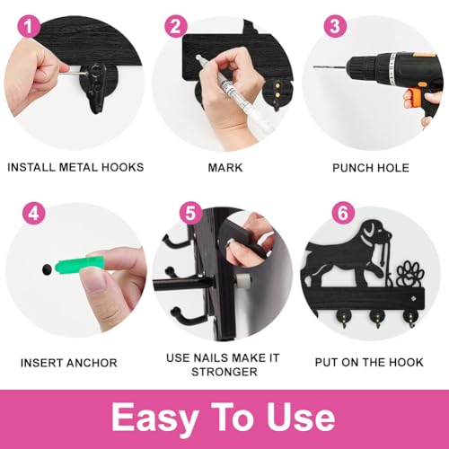 ORIGACH hölzerne Hundeleinenhalter Wand mit 5 Metallhaken Schlüsselhalter für Wand 30×16.9cm Hund Haustier Schlüsselbrett Schwarz für Haustür Küche Eingang Schlafzimmer