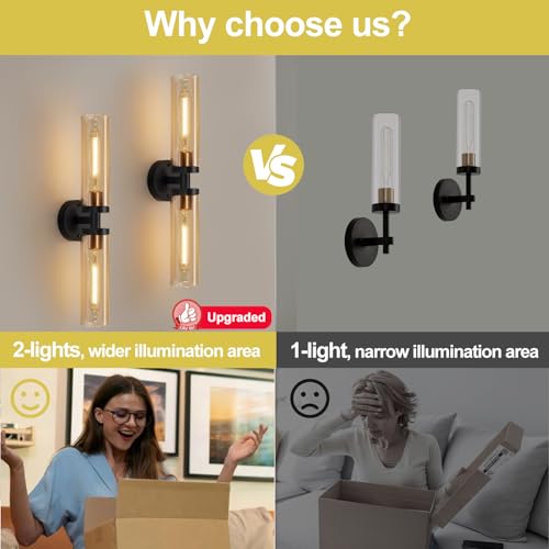 Image of Indoi Wall Sconces Set of Two, Hardwired Black and Gold Bathroom Sconces Wall Lights with Amber Glass, Modern Sconces Wall Decor Set of 2 Vanity Light fixtures for Bathroom Mirror Living Room