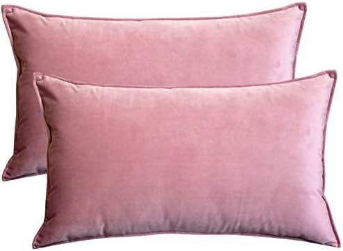 Lutanky Pack of 2 Velvet Cushion Covers Pink Decorative Rectangle Throw Pillow Case Soft Flanges Pillowcases for Sofa Bedroom with Invisible Zipper 12x20 Inch 30 x 50 cm