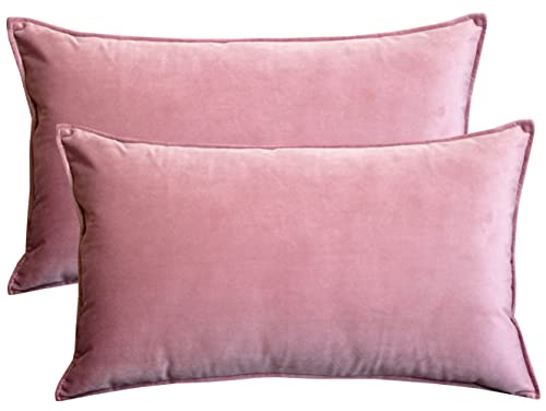 Image of Lutanky Velvet Cushion Covers 30 x 50 cm Pink Decorative Rectangle Throw Pillow Covers (Pack of 2) Soft Oblong Flanges Pillowcases for Sofa Bedroom with Invisible Zipper 12x20 Inch