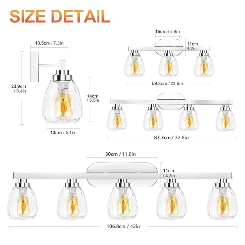 Garveetech GM2HI2WOPY8QL3T1COOD4QGB4T 3 Light Bathroom Light Fixtures Chrome With Hammered Glass Shade, Vanity Lighting Fixtures Over Mirror Wall Mount E26 Socket thumb #3