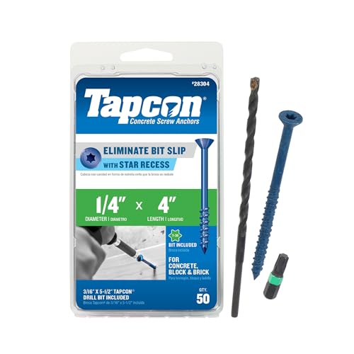 Tapcon 1/4 x 4 Inch Blue Climaseal® Star Head Concrete Anchors, 50 PCS, Corrosion Resistant Coating, Heavy-Duty Concrete and Masonry Screws, Superior Holding Strength, Drill & T-30 Bit Included