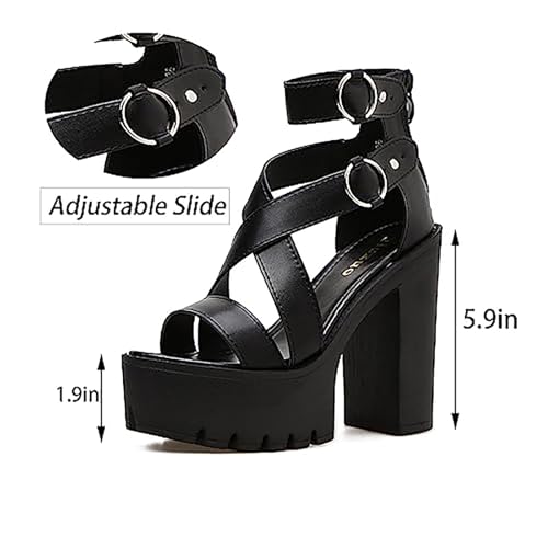 Womens High Chunky Heel Ankle Strap Goth Sandals,Comfort Cutout Open Toe Block Heel Multi Buckle Roman Gladiator Sandals Fashion Party Dress Platform Studded Punk Sandals Back Zipper2