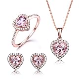 Juego de Joyas de Plata esterlina para Mujeres, Juego de Joyas de corazón de Oro Rosa Collar de Pendientes Rosa y Anillo