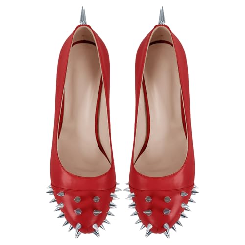 onlymaker Women's Slip-on Stiletto Heels Stud Rivets Pumps Close Toe Platform Casual Dress Court Shoes4