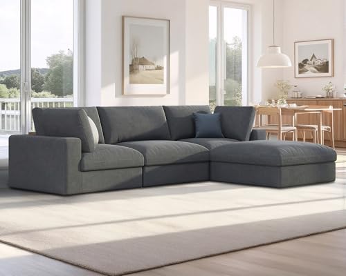 AMERLIFE 114 Inches Modular Sectional Couch, Feather Down Filled Sectional Sofa, 4 Seats L Shaped Couch with Chaise, Ottoman, Cloud Sofa for Living Room Apartment, Grey Linen