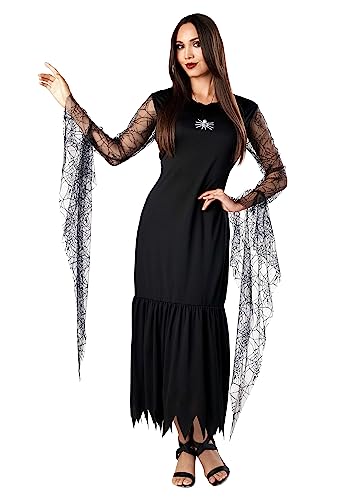 Adult Morticia Addams Dress Costume, Woman's Halloween Costumes, Black Spiderweb Pattern Halloween Dress Large