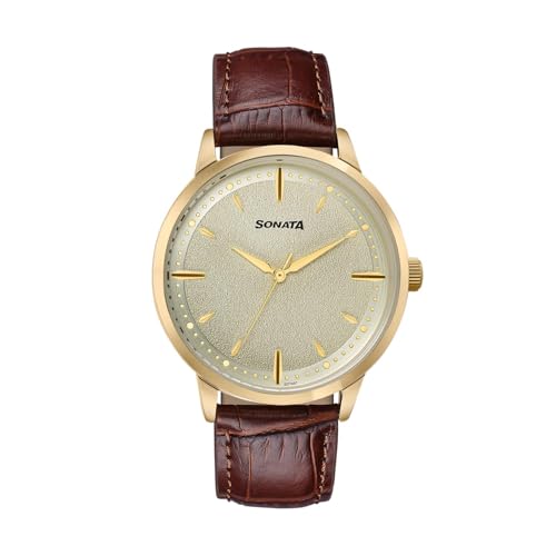 Image of Sonata Jashn with Quartz Analog Gold Dial Brown Leather Strap Men's Wedding Watch - 77208YL01
