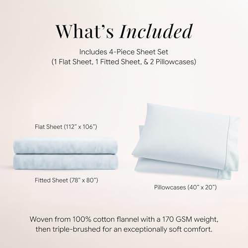 Image of Tribeca Living Triple Brushed Soft Cotton Flannel Sheets Set, King Size 170-GSM Weight Extra Deep Pocket Sheet in Solid Sky Blue Color