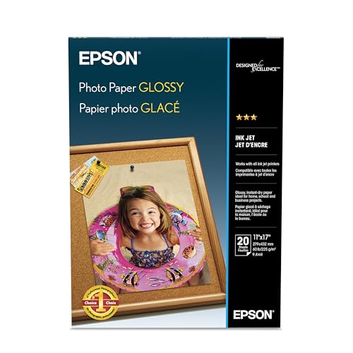 Epson S041156 Glossy Photo Paper, 52 lbs., Glossy, 11 x 17 (Pack of 20 Sheets),White