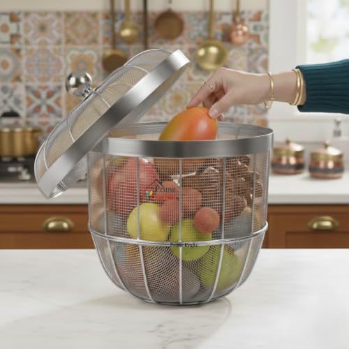 Image of Decorative Insect-Resistant Fruit and Vegetables Basket with Lid | Countertop Mesh (Jaali) Design Fruit Storage Basket for Kitchen, Dining Table, Living Room - Silver