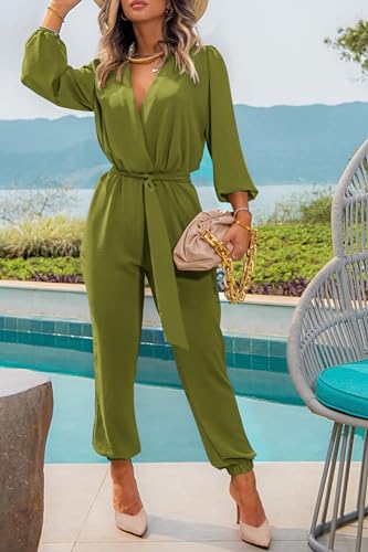 PRETTYGARDEN Women's Fall Jumpsuits Dressy Casual Pants Romper Spring Long Sleeve V Neck Belt Pockets One Piece Outfits