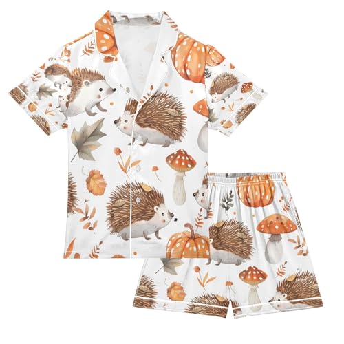 senya A Hedgehog Pumpkin Satin Summer Pajama Sets Silk Short Sleeve Button Down Sleepwear