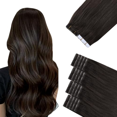 Image of Sindra Invisi Edge Tape in Hair Extensions Human Hair Darkest Brown | 16 Inch 45g 20pcs, Remy Human Hair Extensions for Women, Seamless Injected Tape Ins, Straight and Soft