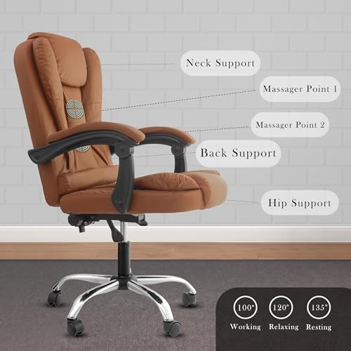 Image of Casa Copenhagen Italia Premium Leatherette Office Chair for Work | Boss Chair, Ergonomic Executive, Luxurious Cushioned Arms & Seat, 2 Point Back Massager, Heavy Duty Metal Base (Mud Brown)