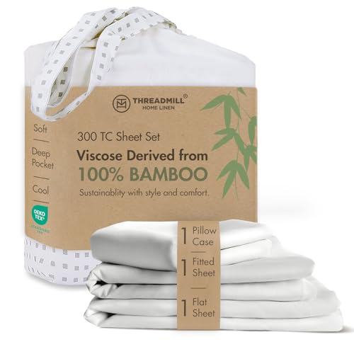 Image of Threadmill 300 TC Viscose Made from Bamboo Twin Sheet Set, White | 15 inch Deep Pocket, Cooling Sheet, Breathable, Lightweight, OEKO-TEX Certified