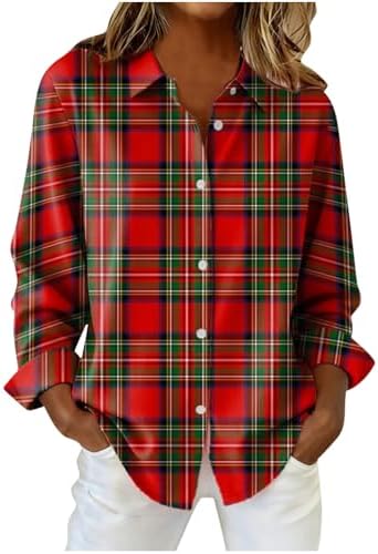 Plaid Flannel Shirt Women Oversized Button Down Blouses Lapel V Neck Long Sleeve Tops Lightweight Holiday Outfits