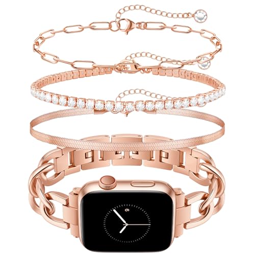 Image of JR.DM Rose Gold Watch Bands and 3Pcs Bracelet Set for Women Compatible with Apple Watch 38 /40 /41 /42mm(S10 /11) Adjustable Metal Dressy Single Chain Strap for iWatch Series 11 /10 /9 /8 /7 /6 /5 /4 /SE /3 /2 /1