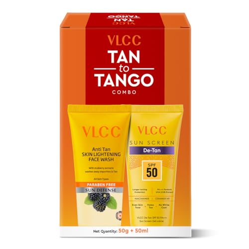 Image of VLCC Tan-to-Tango Combo - Anti-Tan Skin Lightening Face Wash 50 g + De-Tan SPF 50 PA+++ Sunscreen Gel Creme 50 ml | Fades Tan, Even Skin Tone