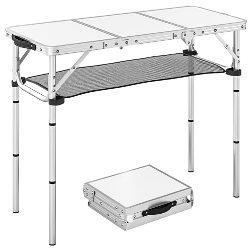 Image of Outsunny 3ft Folding Camping Table, Picnic Table with Mesh Storage Layer, Carrying Bag and Metal Frame, Portable for Garden, Park, BBQ, Cream White