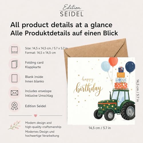 Edition Seidel Premium Carte d'anniversaire carrée avec enveloppe. Carte de vœux Joyeux anniversaire pour hommes garçon fils petit-fils tracteur ballons colorés (GQ685 SW026) – vue 4