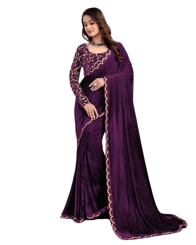 LADY SHOPI Women's Velvet Embroidered Saree Rency-ABC