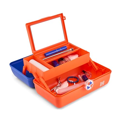 Image of Caboodles School Spirit On-The-Go Girl Makeup Box, Blue Over Orange, Hard Plastic Makeup Organizer Box, Built-In Mirror, Secure Latch for Safe Travel, Spacious Storage for Large Items