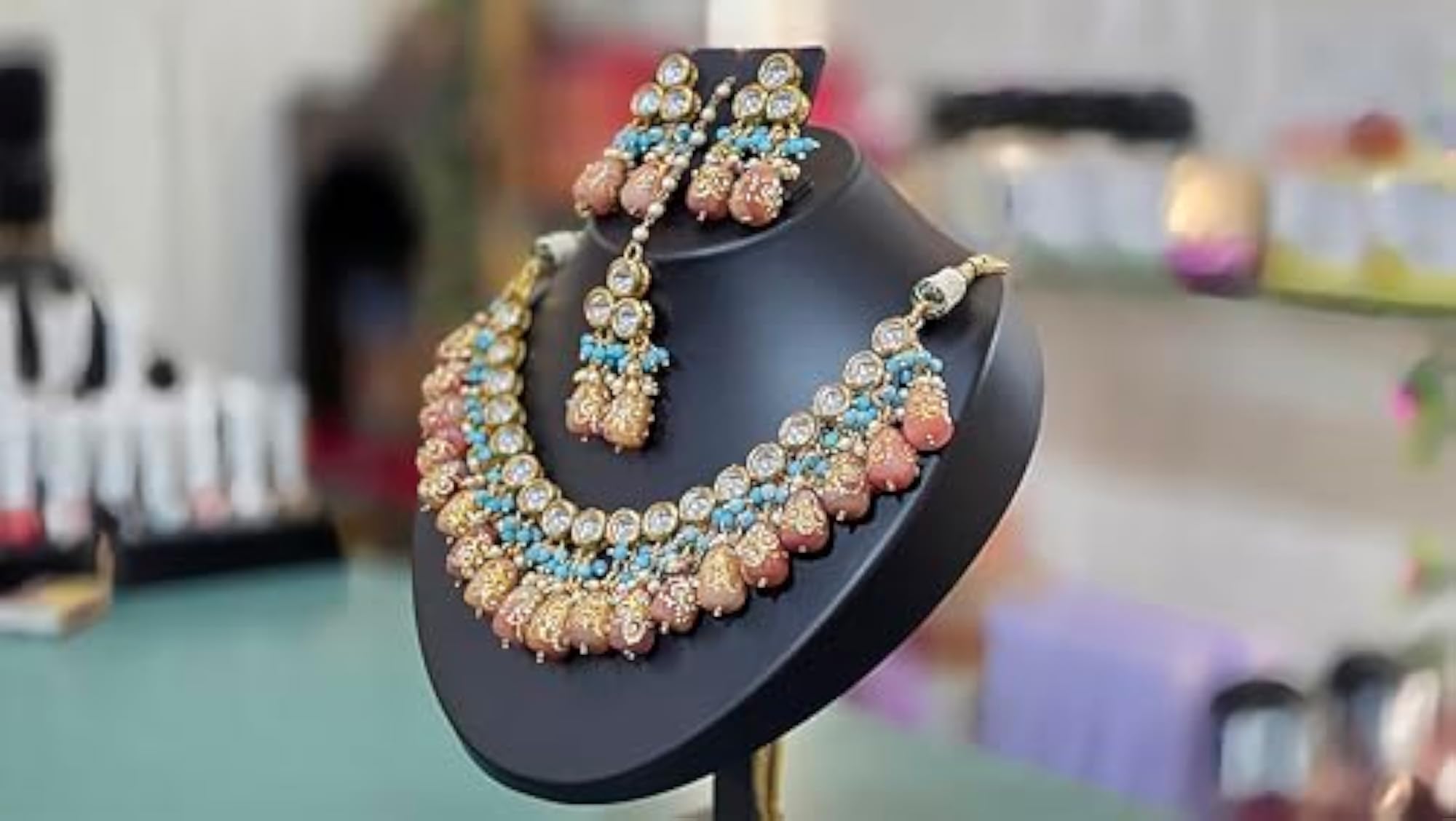 Luxury Statement Necklace with Crystal and Turquoise Beads