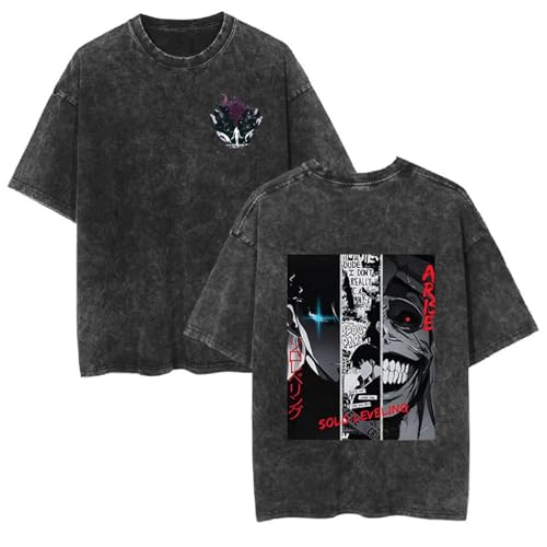 ISaikoy Vintage Washed Cotton Anime Solo Leveling T-Shirt Short Sleeve Tee Shirt Costume