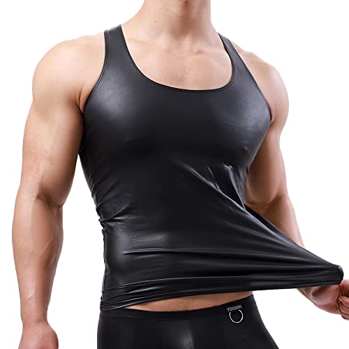 Yoobng Men's Sexy Faux Leather Tight Sleeveless Slim Fit Undershirt Tank Tops #TOP2
