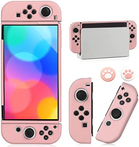 Dockable Case for Nintendo Switch OLED Model 2021, Soft TPU Protective Cover Case for Switch OLED Console with 2 Pcs Thumb Grip-Frosted Clear (Pink)