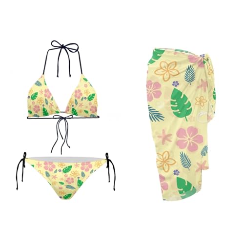 UNICEU Cartoon Hibiscus Flowers Print Bikini with Cover Up Back Cutout Trendy V Cut Bikini Sets for Women Palm Leaf Print Comfortable Fashion Vacation Bathing Suit Coverup Skirt