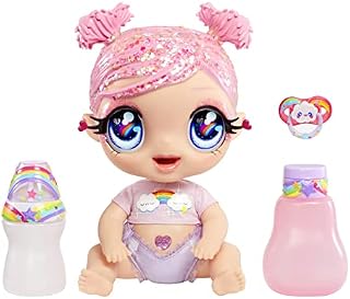 MGA'S Glitter Babyz - DREAMIA STARDUST - Baby Doll with 3 Magical Colour Changes with Ice-Cold Water, Glitter Pink Hair, Rainbow Outfit, Diaper, Bottle & Pacifier Accessories - For Kids Ages 3+